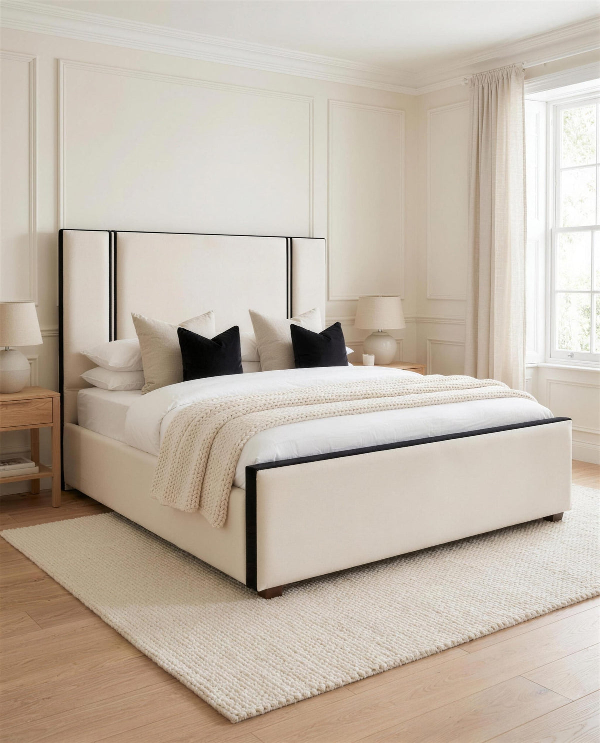 Alessi Luxury Bed, three-quarter view in a bright bedroom – Custom Luxury Bed | Custom Bed Co