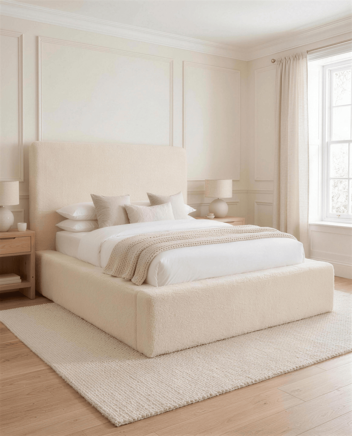 Arctic Luxury Bed, three-quarter view in a bright bedroom – Custom Luxury Bed | Custom Bed Co