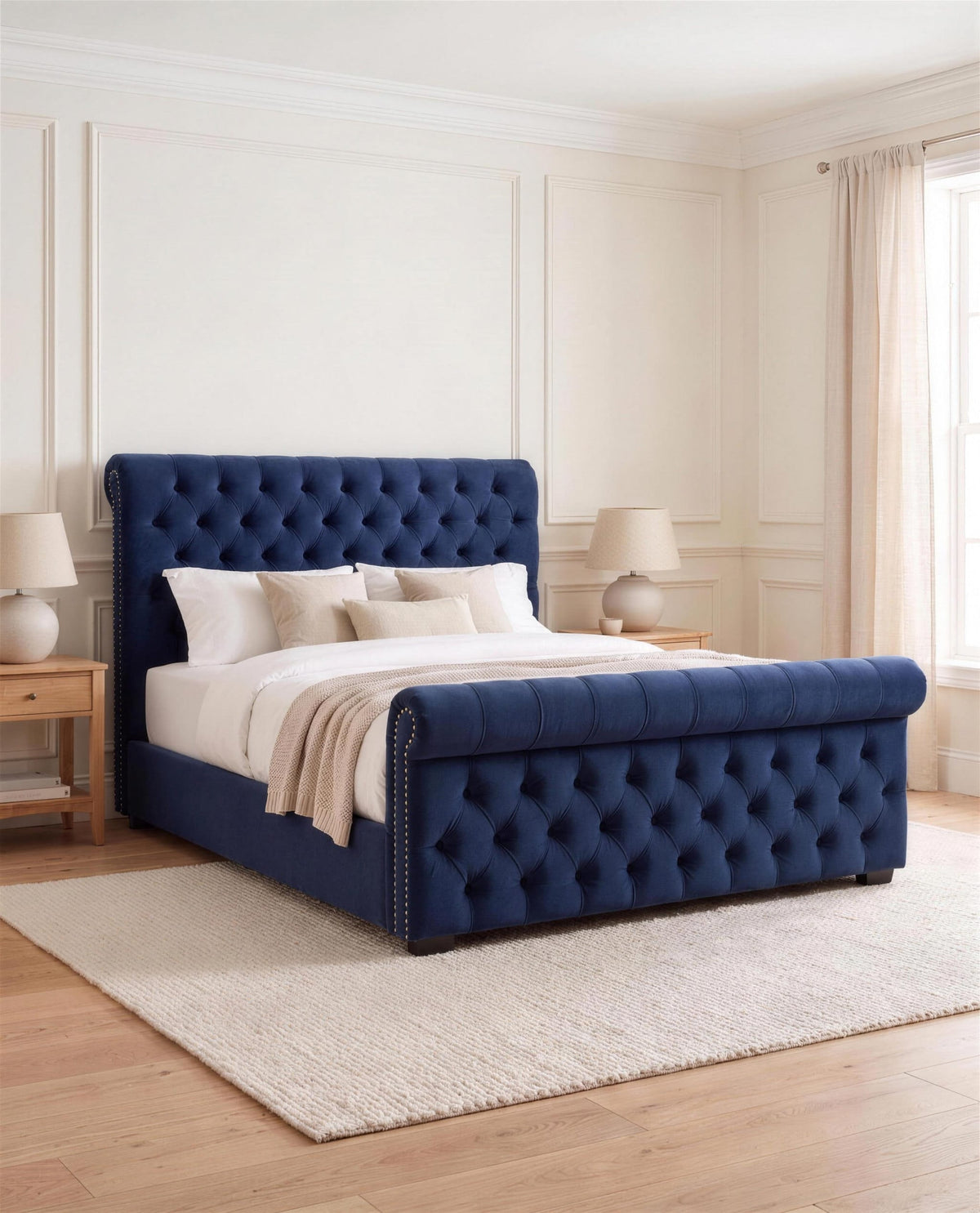 Barber Luxury Bed, three-quarter view in a bright bedroom – Custom Luxury Bed | Custom Bed Co