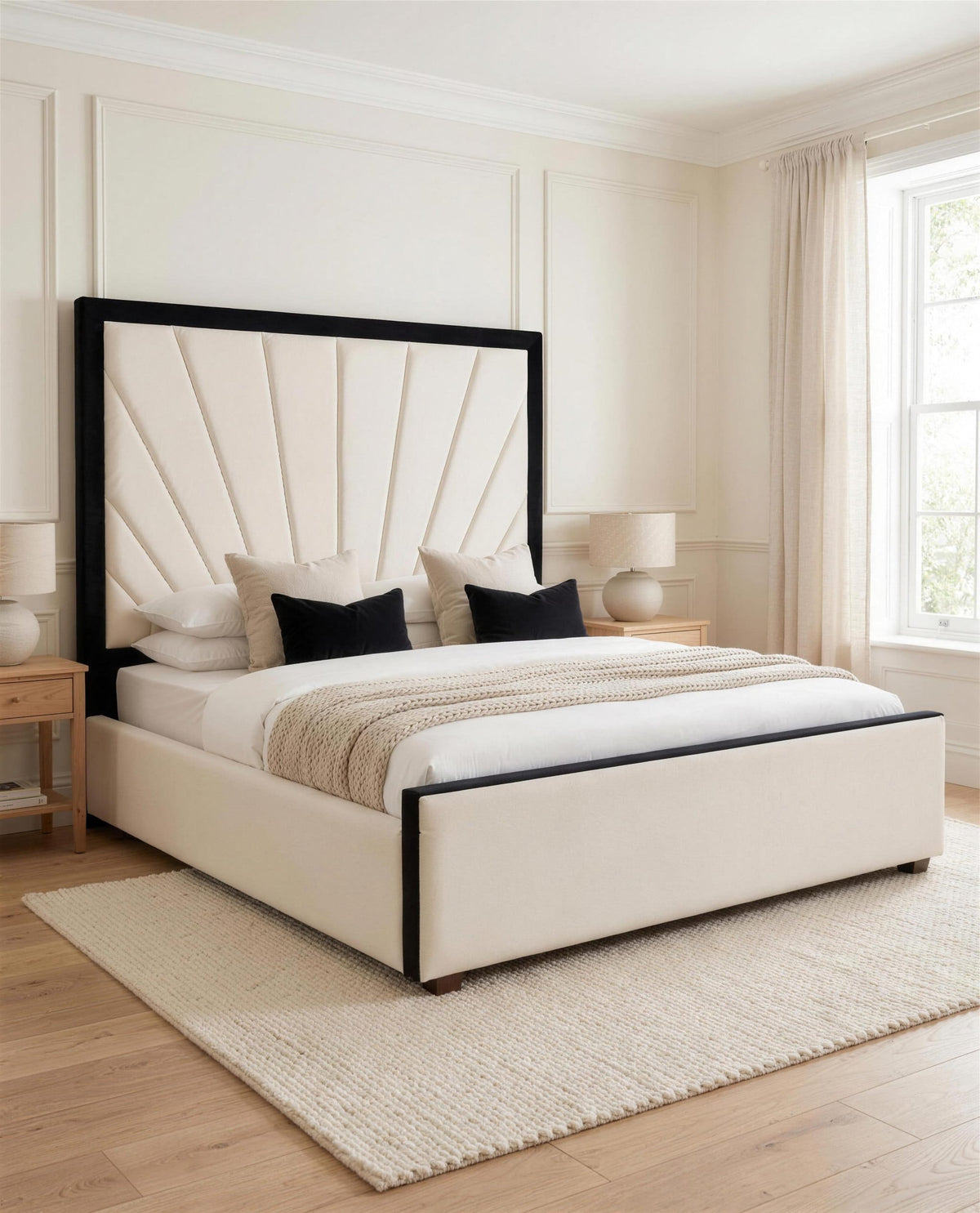 Barcelona Luxury Bed, three-quarter view in a bright bedroom – Custom Luxury Bed | Custom Bed Co