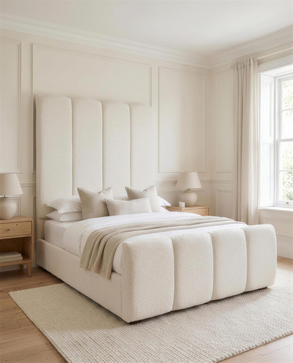 Cascade Paneled Luxury Bed, three-quarter view in a bright bedroom – Custom Luxury Bed | Custom Bed Co