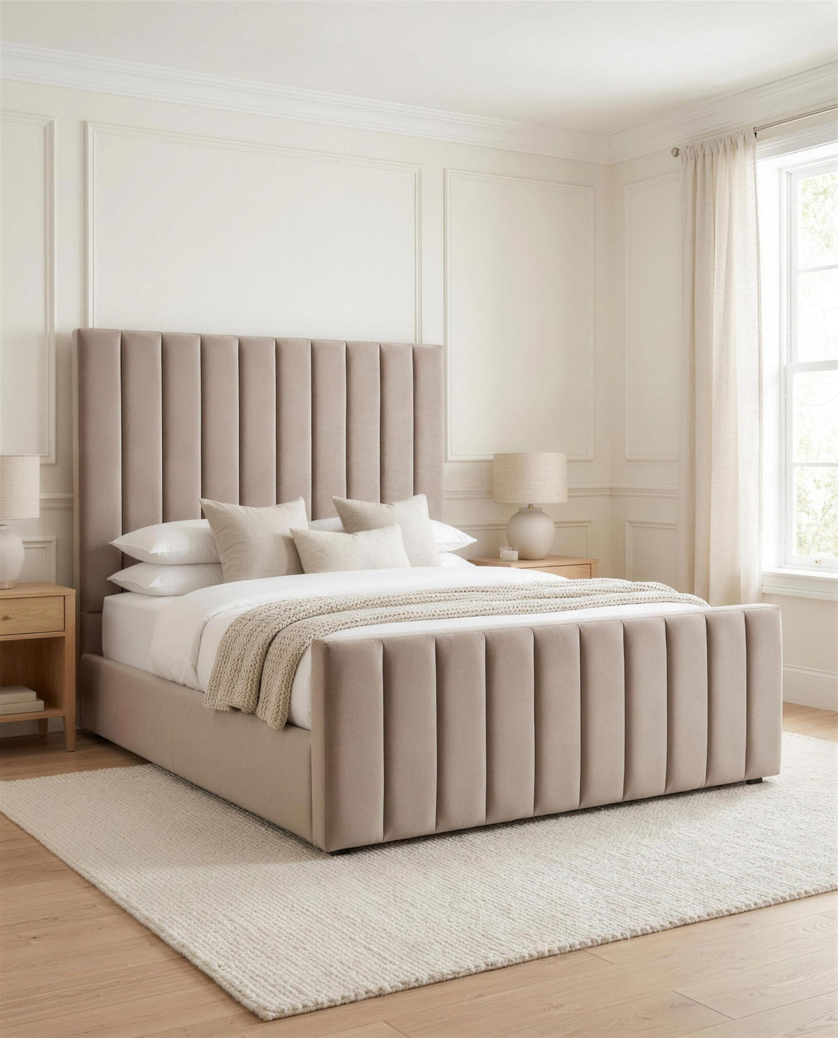 Conniston Bumper Luxury Bed, three-quarter view in a bright bedroom – Custom Luxury Bed | Custom Bed Co