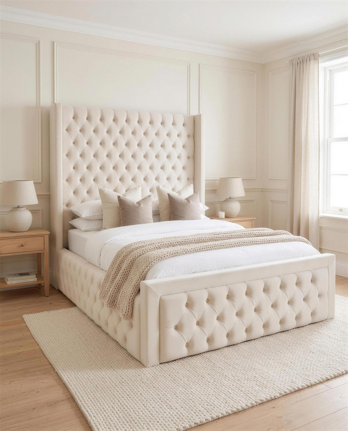 Lavish Luxury Bed, three-quarter view in a bright bedroom – Custom Luxury Bed | Custom Bed Co