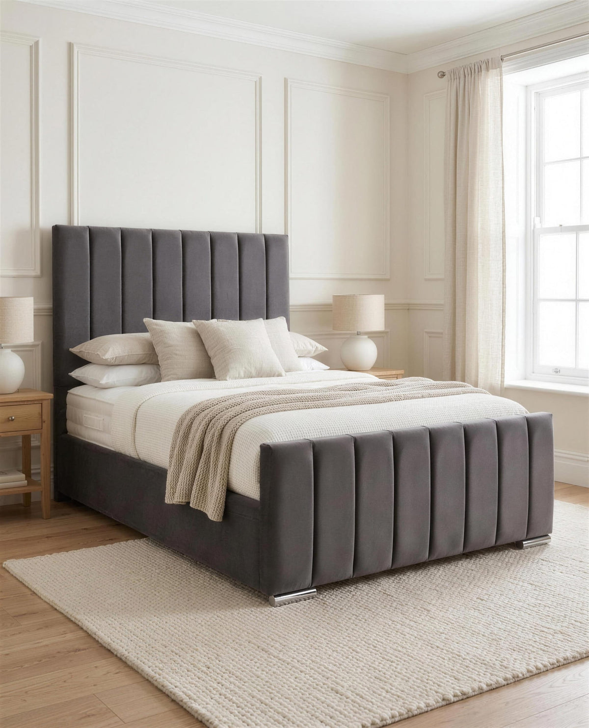 Marlow Luxury Bed, three-quarter view in a bright bedroom – Custom Luxury Bed | Custom Bed Co