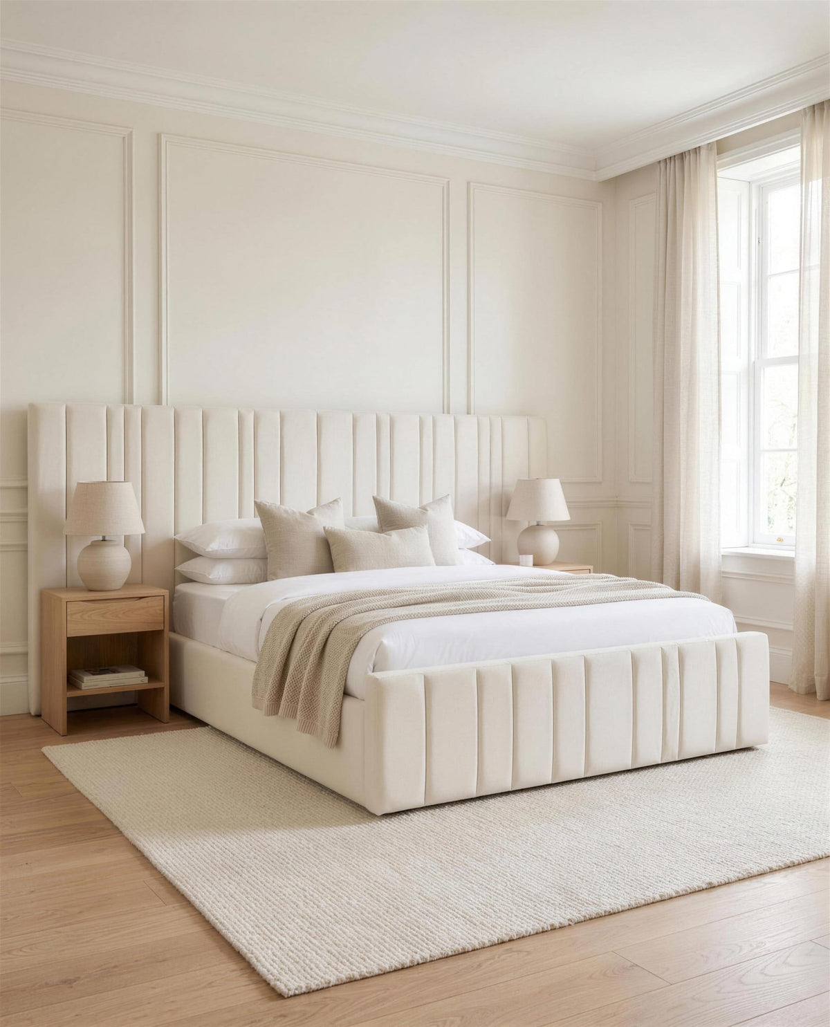 Milan Luxury Bed, three-quarter view in a bright bedroom – Custom Luxury Bed | Custom Bed Co