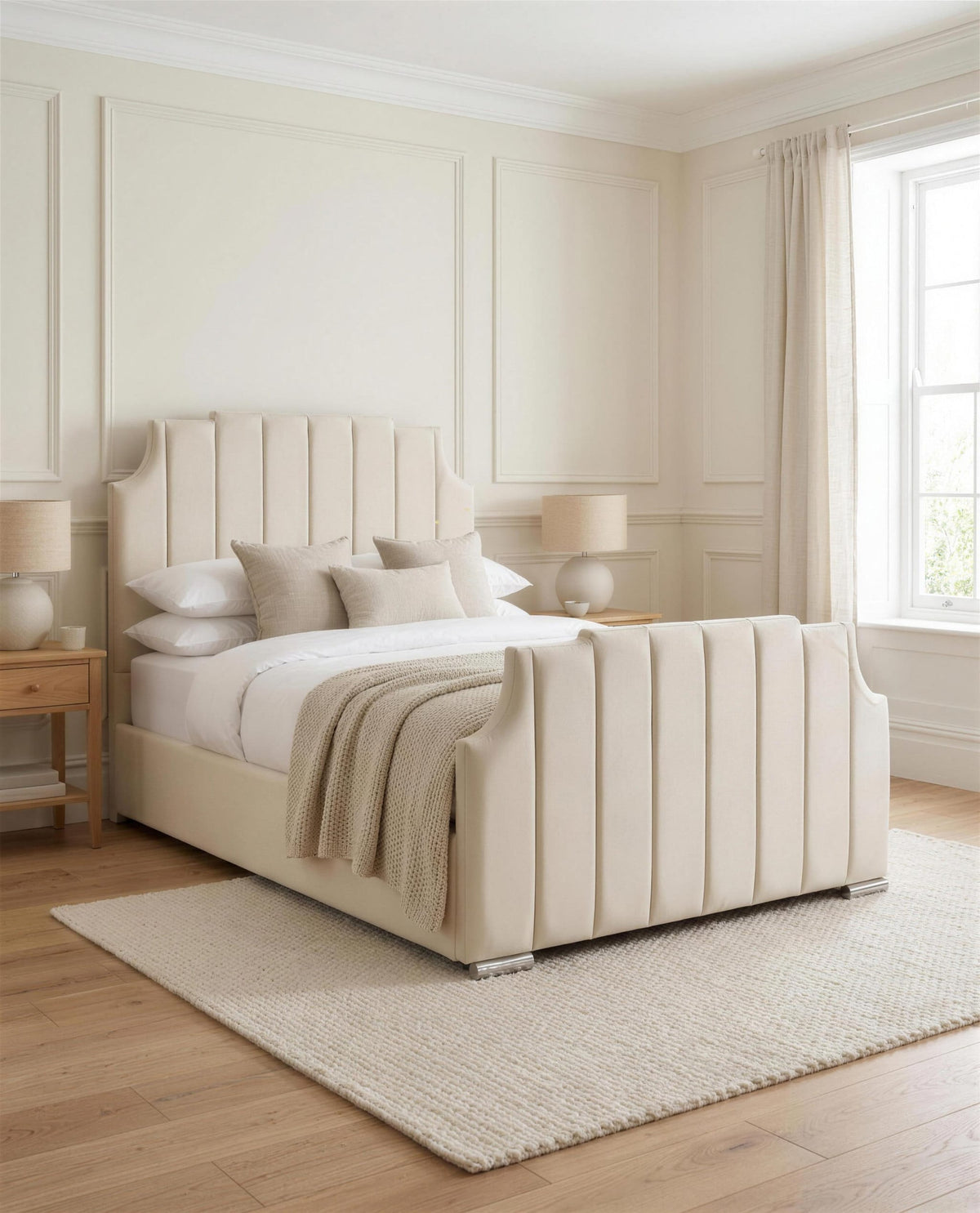 Moscow Luxury Bed, three-quarter view in a bright bedroom – Custom Luxury Bed | Custom Bed Co