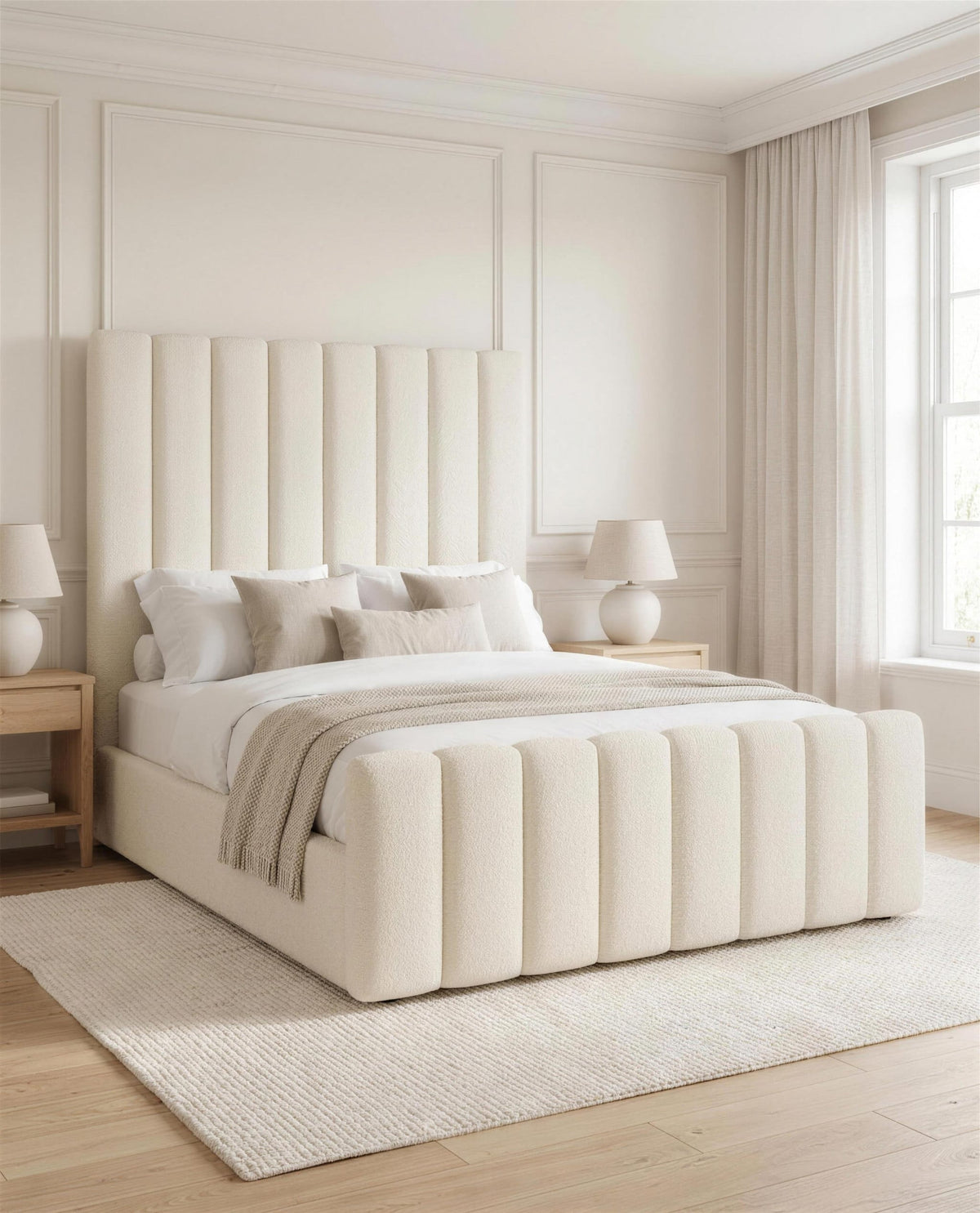 Nori Paneled Bed Luxury Bed, three-quarter view in a bright bedroom – Custom Luxury Bed | Custom Bed Co