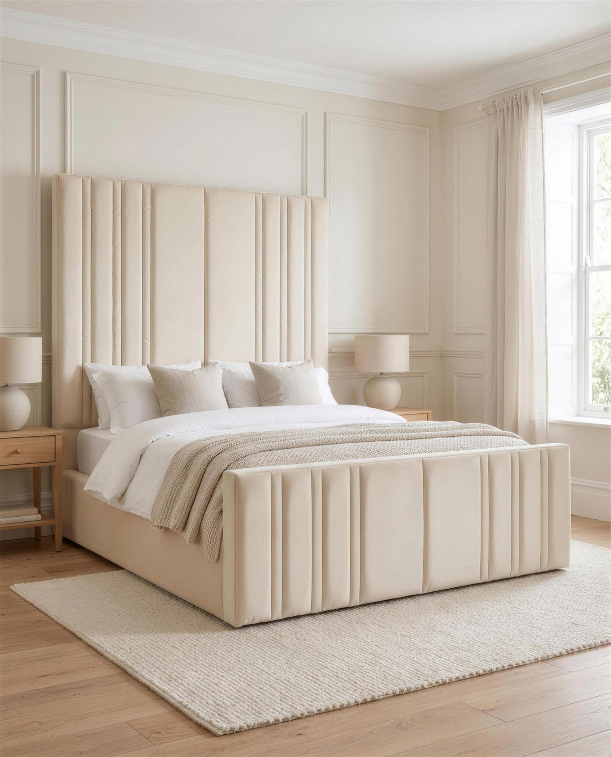 Sensatori Luxury Bed, three-quarter view in a bright bedroom – Custom Luxury Bed | Custom Bed Co
