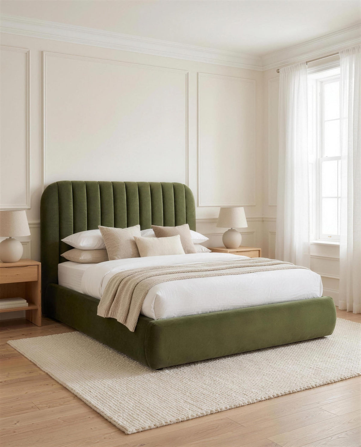 Wonderland Luxury Bed, three-quarter view in a bright bedroom – Custom Luxury Bed | Custom Bed Co