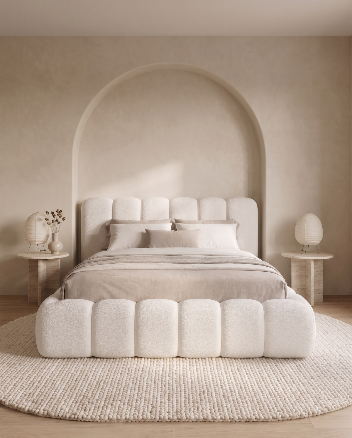 Cloud Luxury Bed in cream boucle, straight-on front view