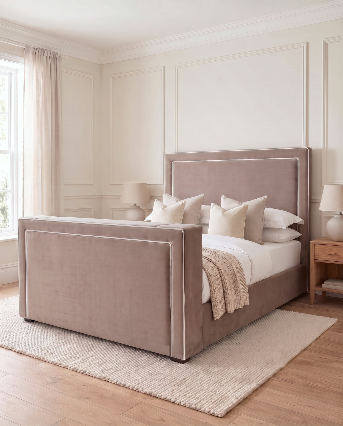 Hampton TV Bed angled view in taupe plush velvet with white piping