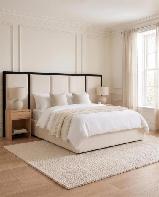 Abel Luxury Bed, three-quarter view in a bright bedroom