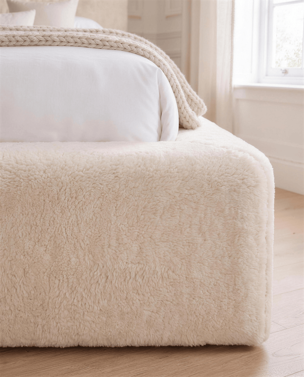 Arctic Luxury Bed, close-up of the shearling upholstery