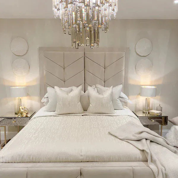 Ashton Luxury Bed — close-up of chevron diamond headboard stitching and luxury fabric detail