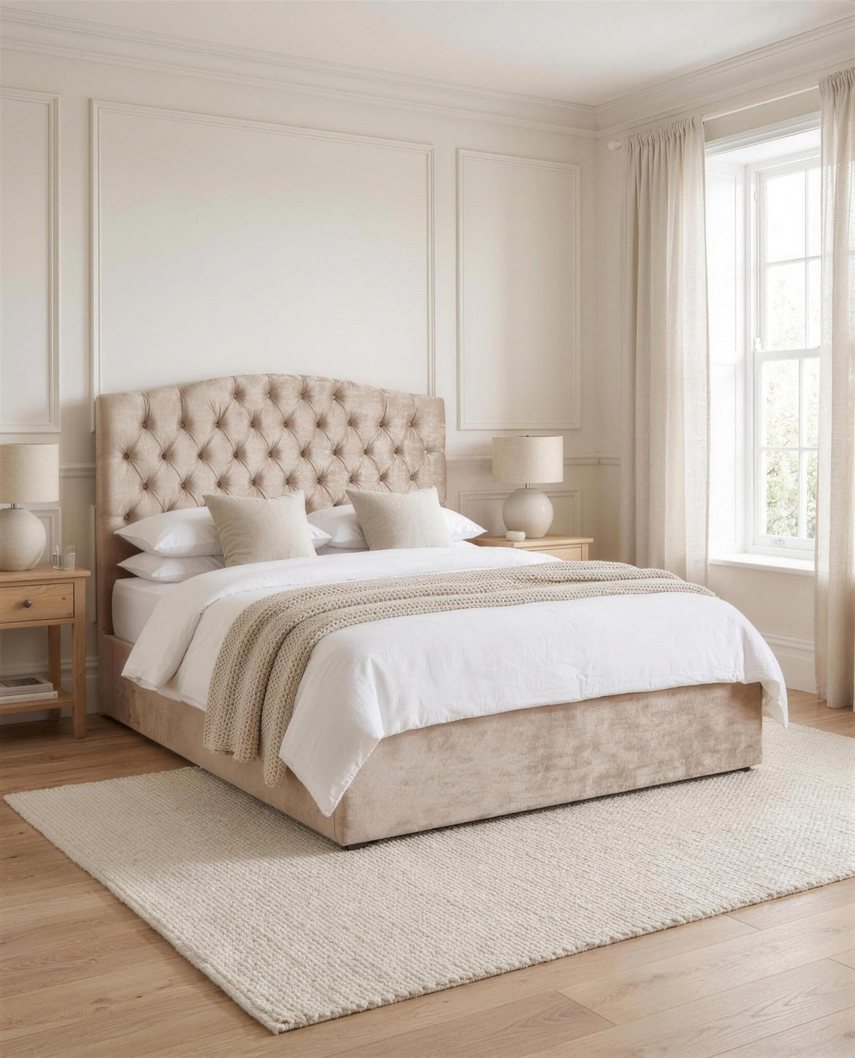 Celestial Cloud Luxury Bed, three-quarter view in a bright bedroom – Custom Luxury Bed | Custom Bed Co