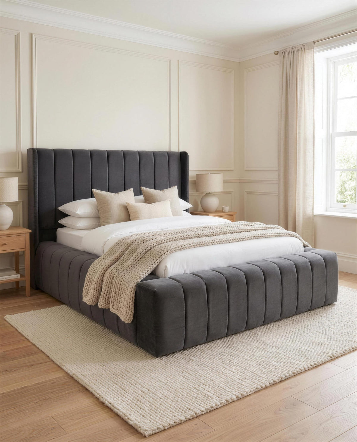 Duke Luxury Bed, three-quarter view in a bright bedroom – Custom Luxury Bed | Custom Bed Co