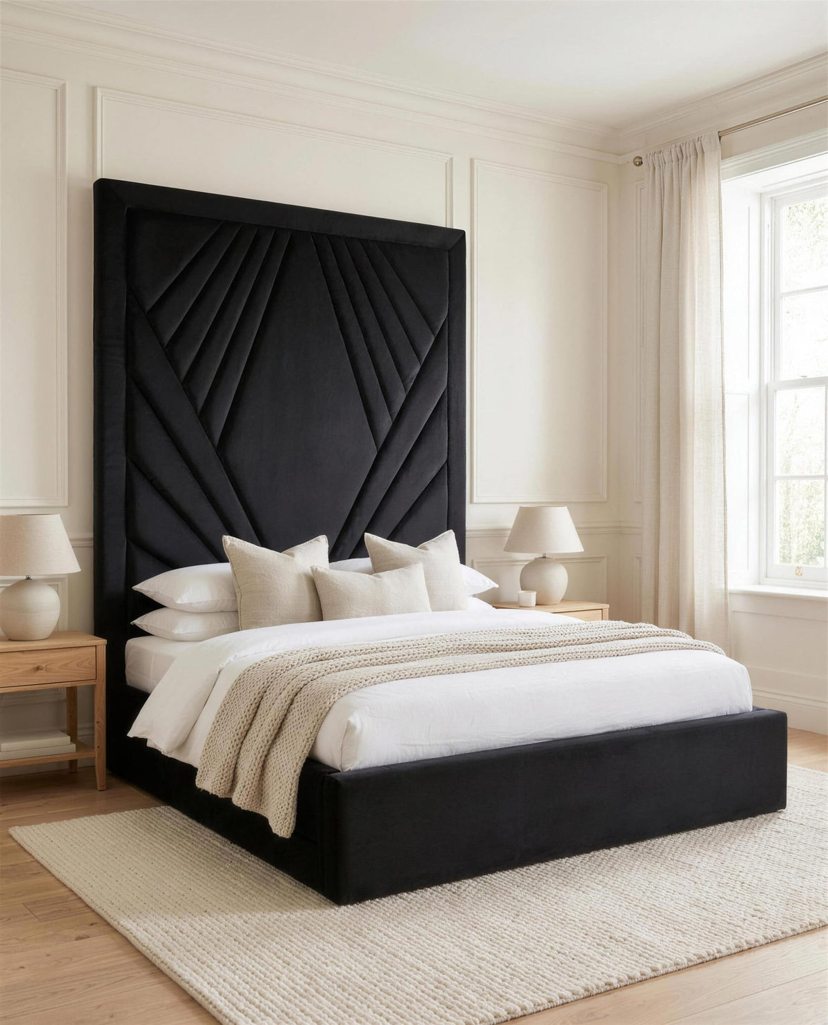 Florence Luxury Bed, three-quarter view in a bright bedroom – Custom Luxury Bed | Custom Bed Co