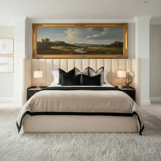 Grantley Luxury Wingback Bed — tall upholstered headboard with vertical panel detailing | The Custom Bed Company