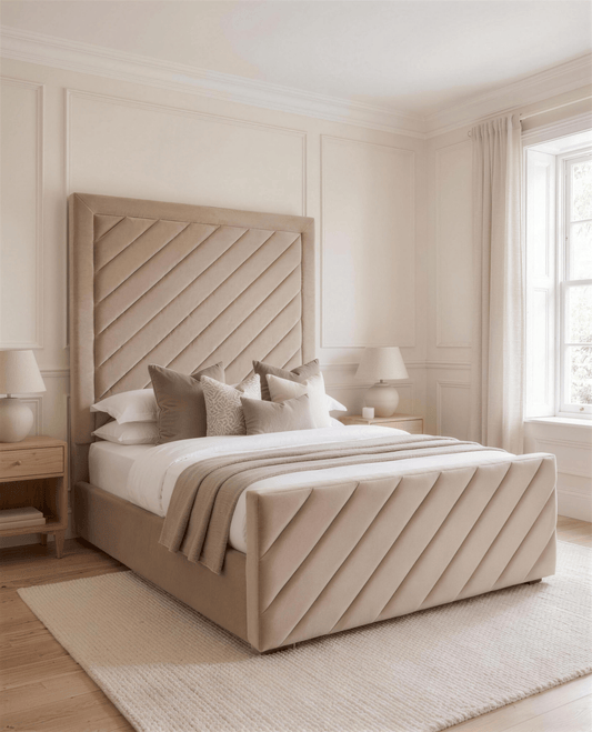 Hermes Bed, three-quarter view in a bright bedroom