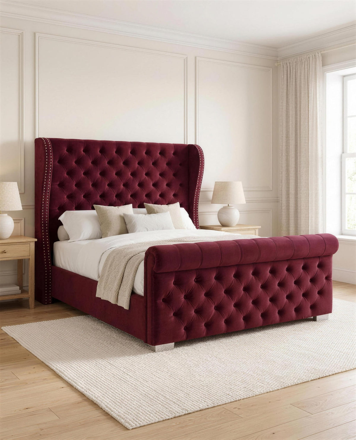 Keswik Luxury Bed, three-quarter view in a bright bedroom – Custom Luxury Bed | Custom Bed Co