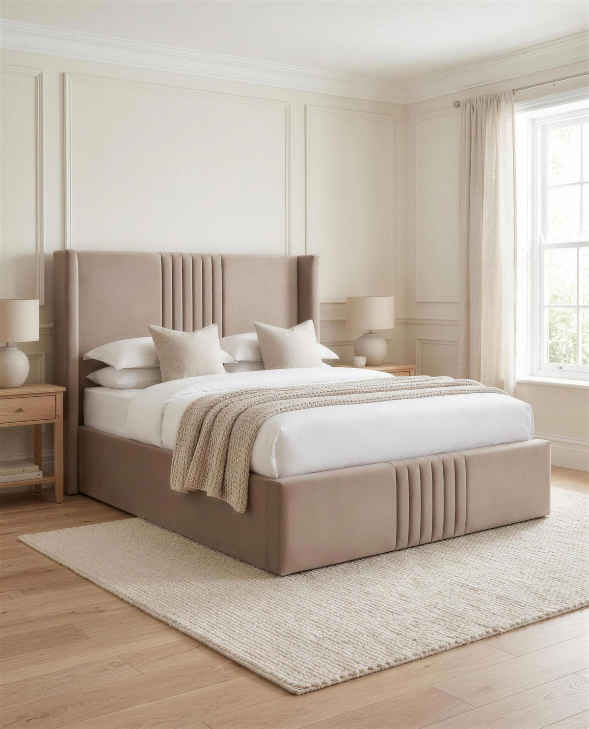 Lucinda Luxury Bed, three-quarter view in a bright bedroom – Custom Luxury Bed | Custom Bed Co