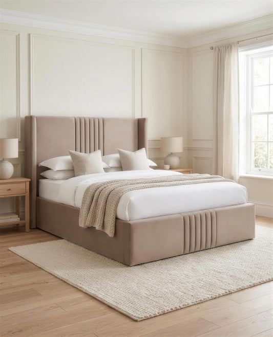 Lucinda Luxury Bed, three-quarter view in a bright bedroom