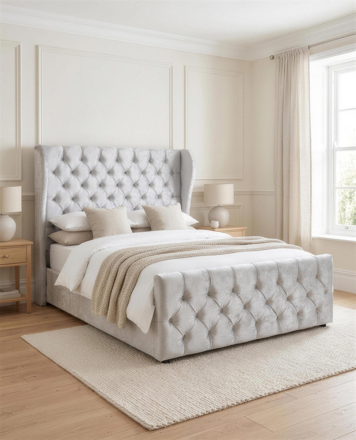 Mason Luxury Bed, three-quarter view in a bright bedroom – Custom Luxury Bed | Custom Bed Co