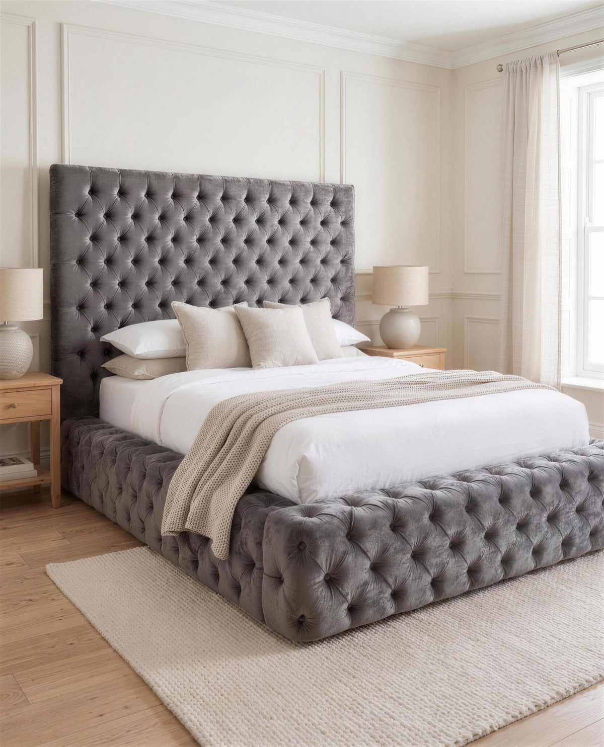 Mayfair Luxury Buttoned Luxury Bed, three-quarter view in a bright bedroom – Custom Luxury Bed | Custom Bed Co