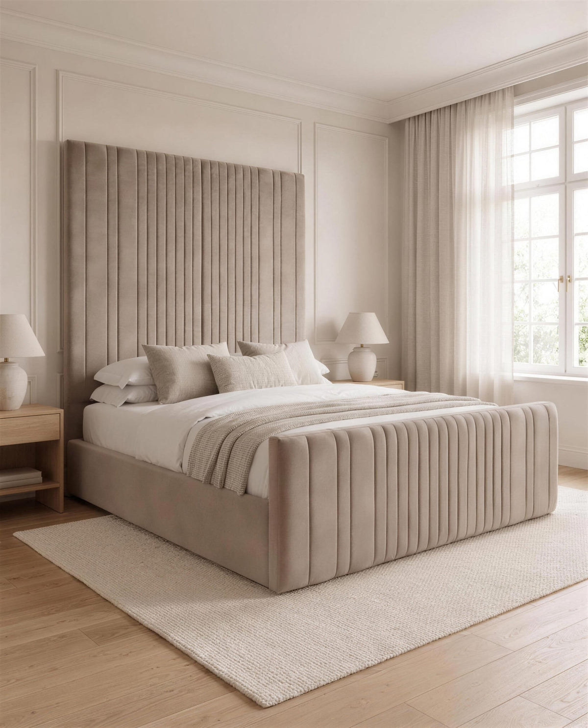 Miami Luxury Bed, three-quarter view in a bright bedroom – Custom Luxury Bed | Custom Bed Co
