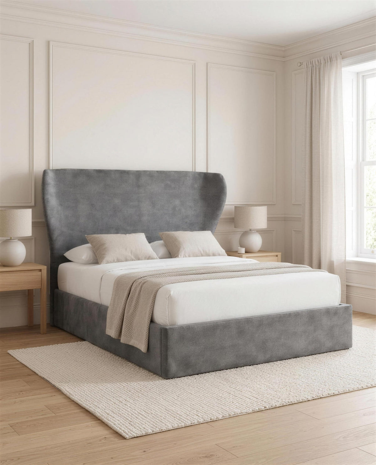 Midnight Mirage Luxury Bed, three-quarter view in a bright bedroom – Custom Luxury Bed | Custom Bed Co