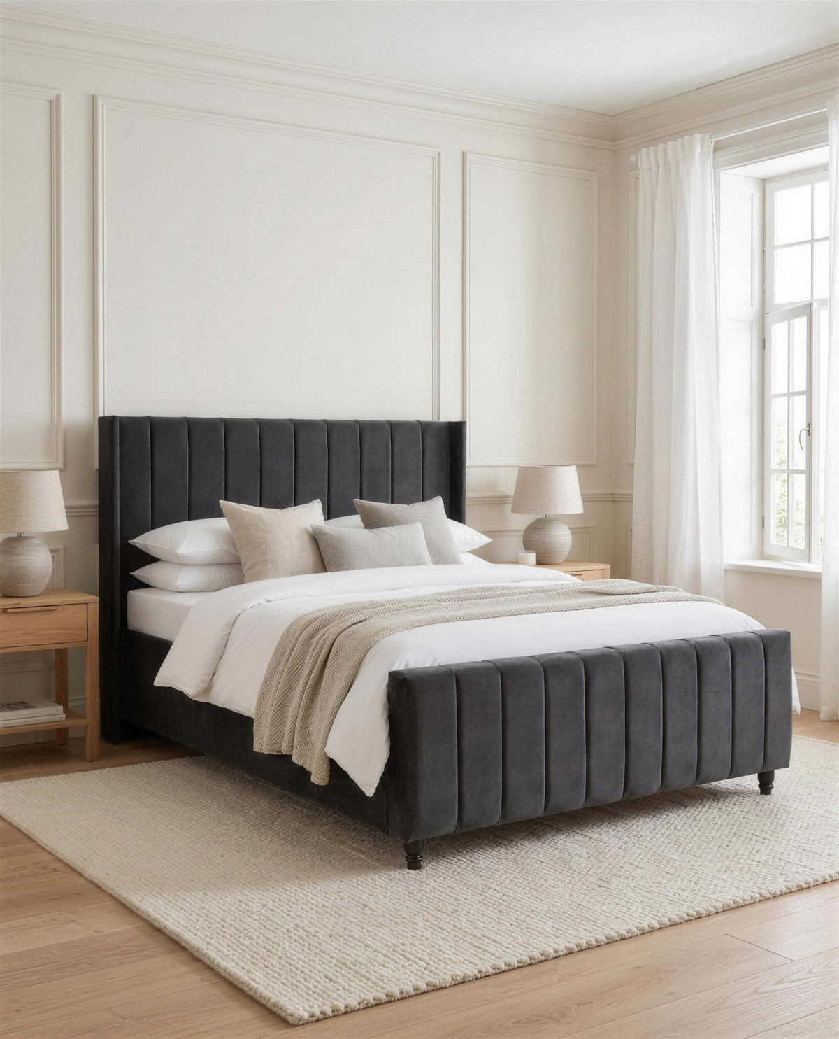 Midnight Oasis Luxury Bed, three-quarter view in a bright bedroom – Custom Luxury Bed | Custom Bed Co