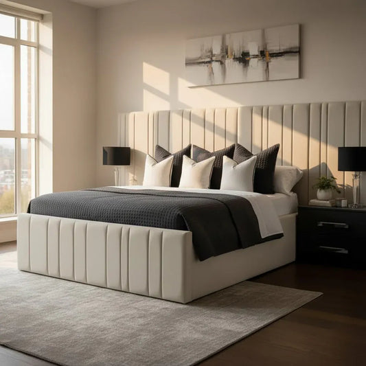 Milan Luxury Bed — extended headboard and matching upholstered footboard, front view