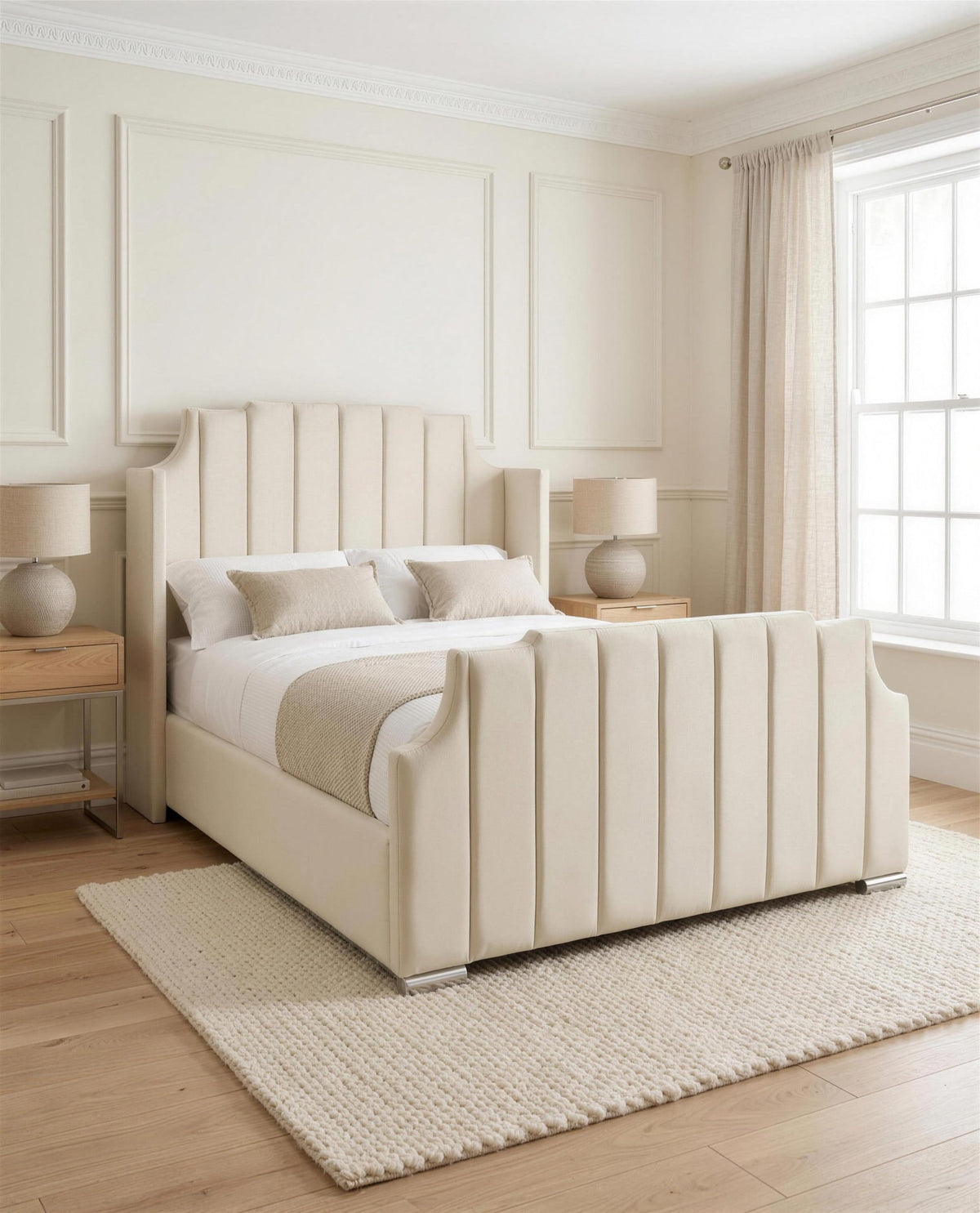 Moscow Wing Luxury Bed, three-quarter view in a bright bedroom – Custom Luxury Bed | Custom Bed Co