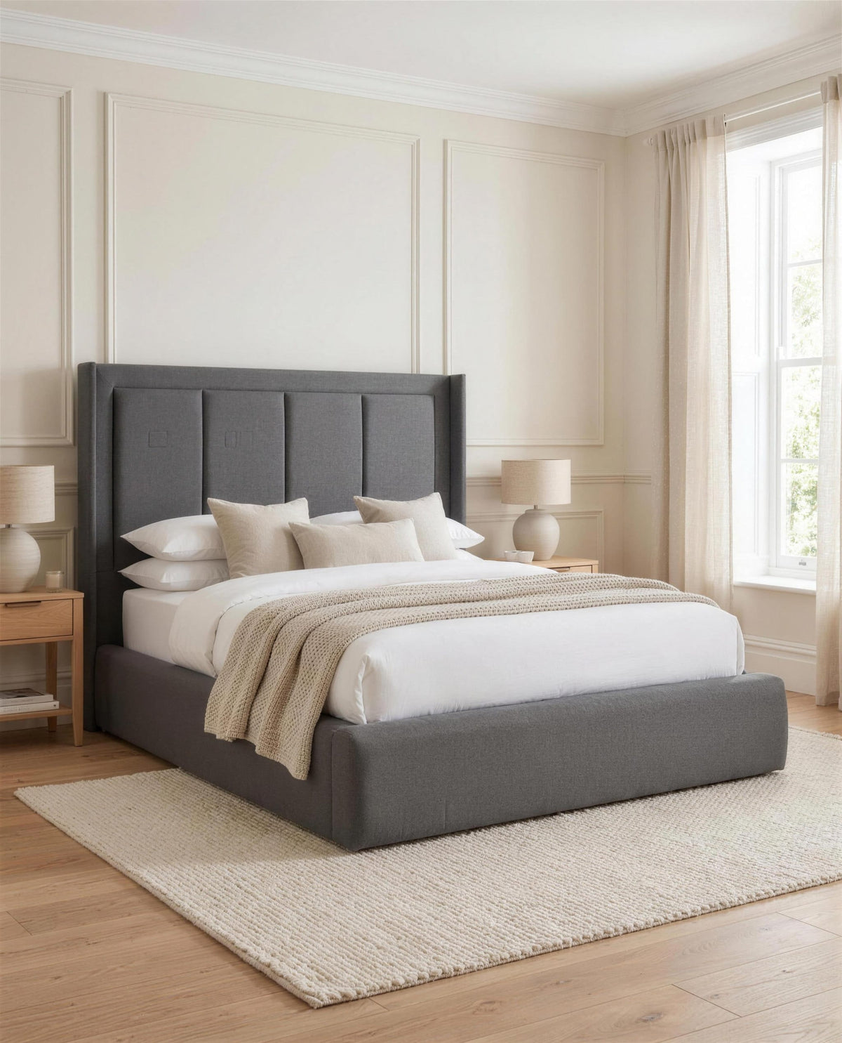 Slumber Haven Luxury Bed, three-quarter view in a bright bedroom – Custom Luxury Bed | Custom Bed Co