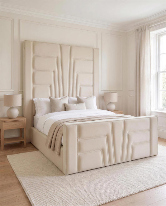 Tesfaye Luxury Bed, three-quarter view in a bright bedroom