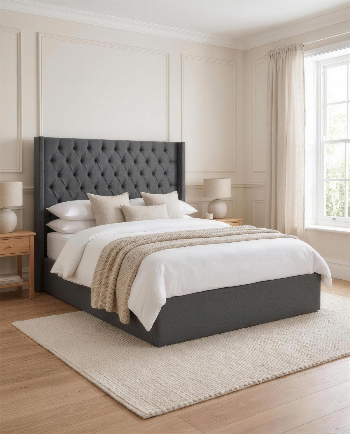 Tranquil Twilight Luxury Bed, three-quarter view in a bright bedroom – Custom Luxury Bed | Custom Bed Co