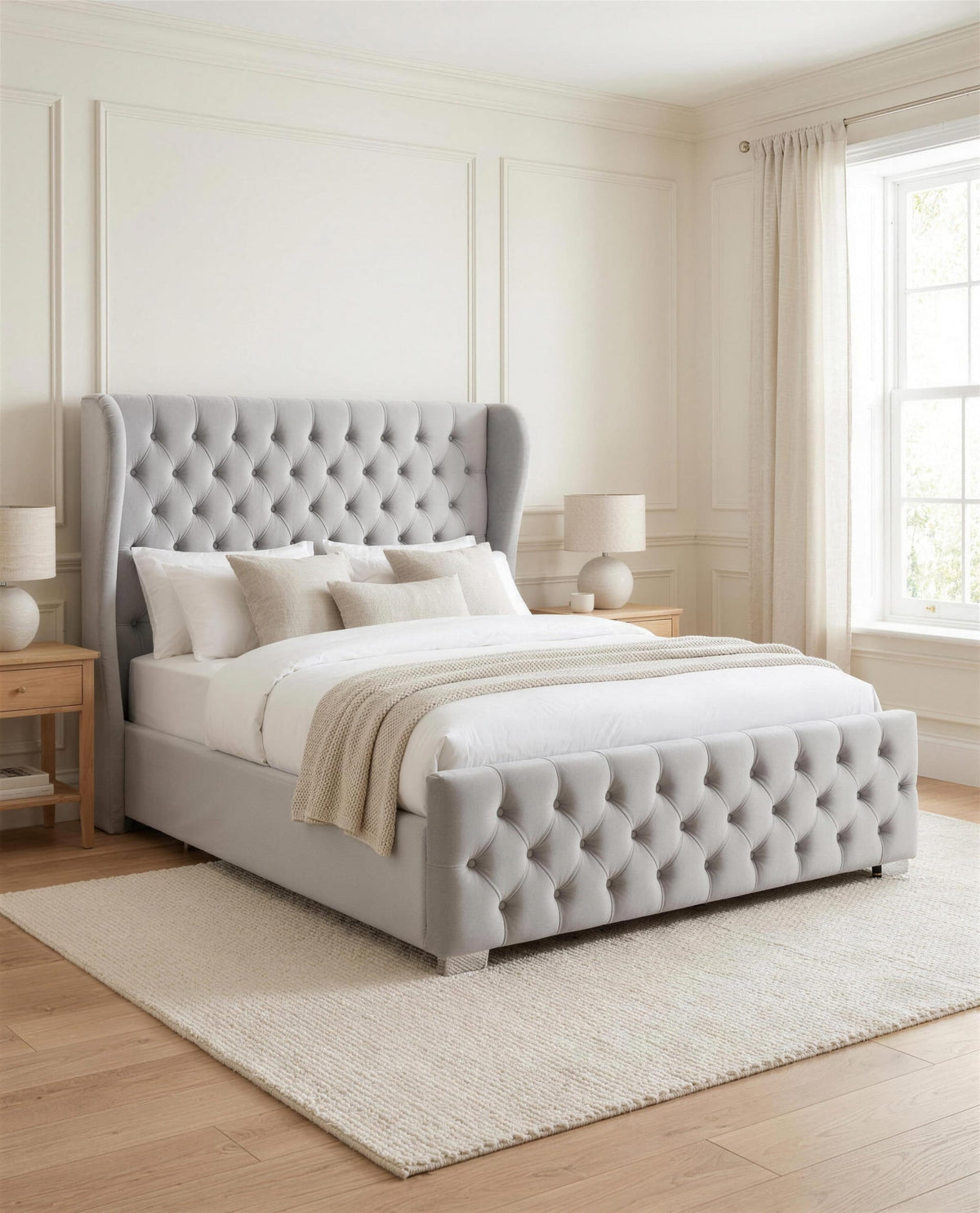Tranquility Tides Luxury Bed, three-quarter view in a bright bedroom – Custom Luxury Bed | Custom Bed Co
