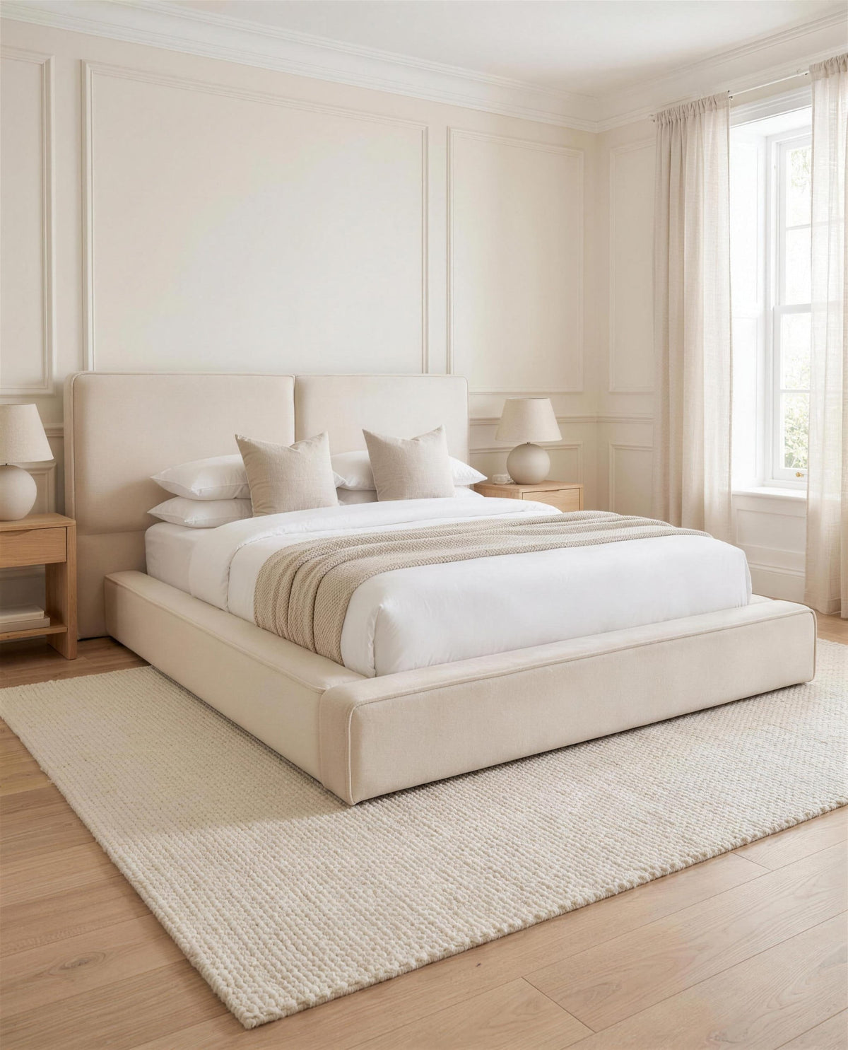 Tropez Luxury Bed, three-quarter view in a bright bedroom – Custom Luxury Bed | Custom Bed Co