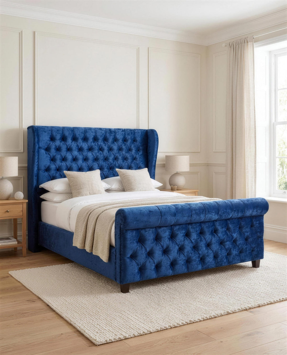 Vienna Luxury Bed, three-quarter view in a bright bedroom – Custom Luxury Bed | Custom Bed Co