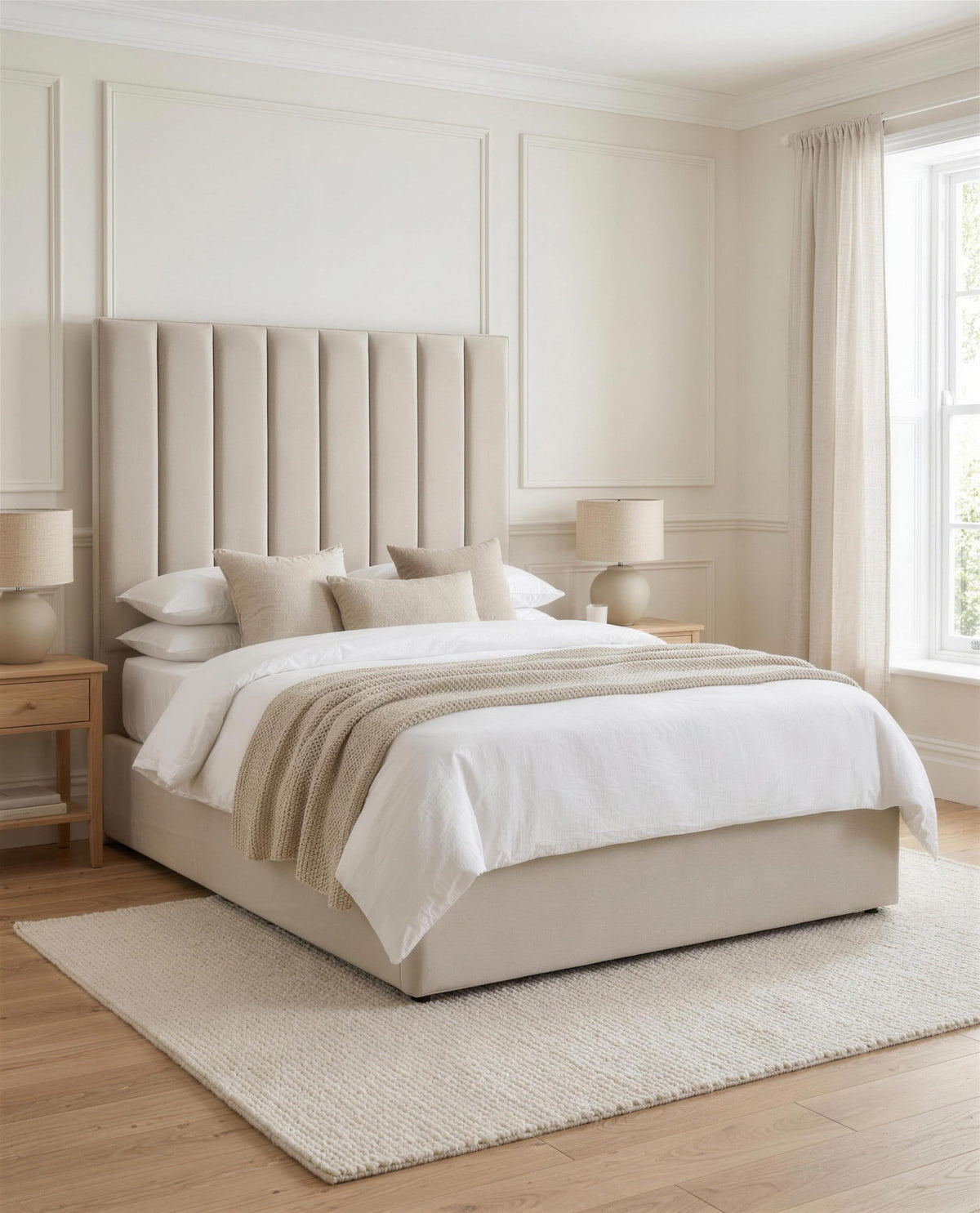 Zana Luxury Paneled Bed, three-quarter view in a bright bedroom – Custom Luxury Bed | Custom Bed Co
