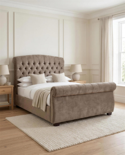 Boutique Luxury Bed, three-quarter view in a bright bedroom