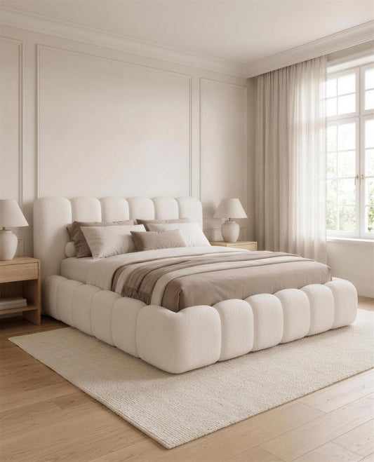 Cloud Luxury Bed, three-quarter view in a bright bedroom