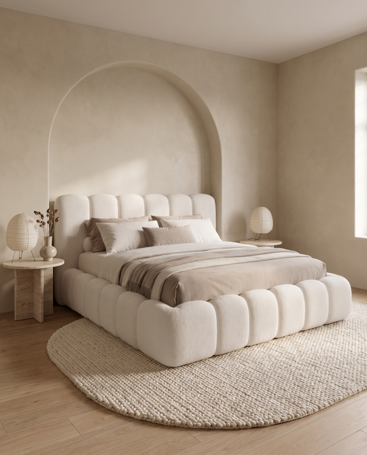 Cloud Luxury Bed, three-quarter view in a soft organic bedroom