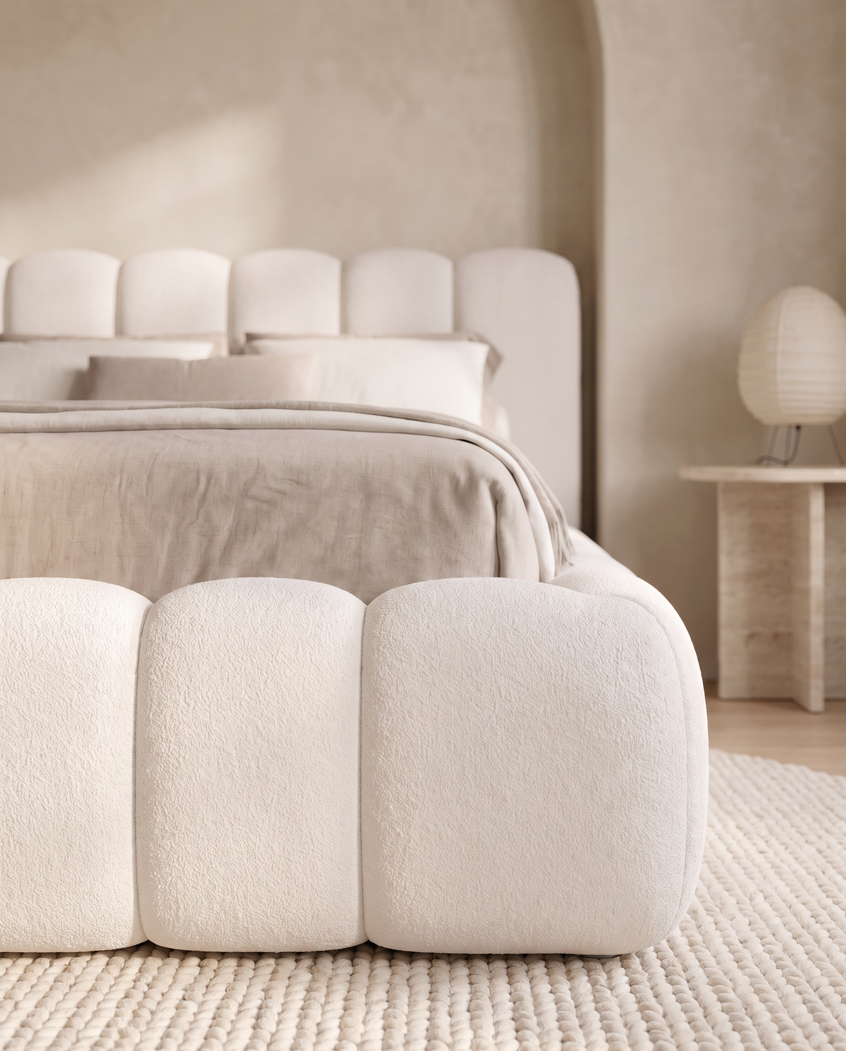 Cloud Luxury Bed, close-up of the boucle upholstery