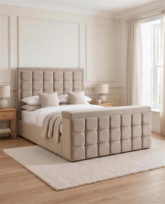 Devon TV Bed, three-quarter view in a bright bedroom