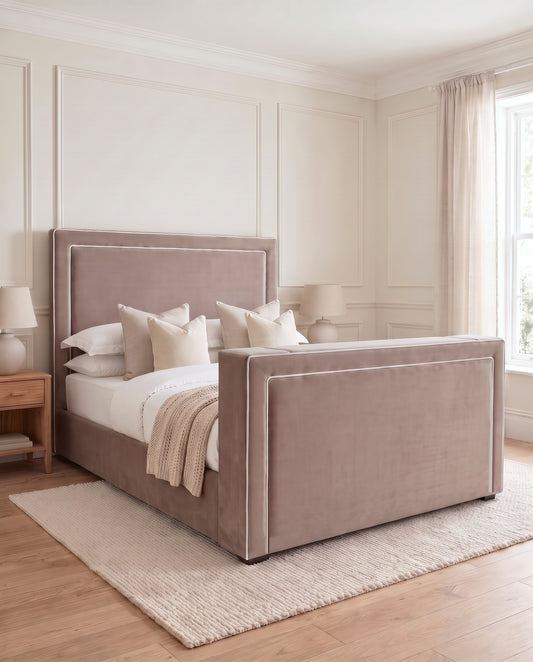 Hampton TV Bed in taupe plush velvet with two rows of white piping, lid closed