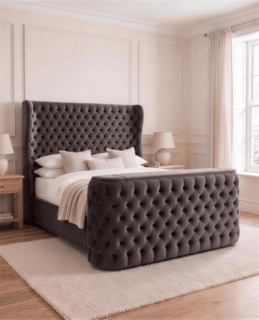Aiyla TV Bed in charcoal tufted velvet