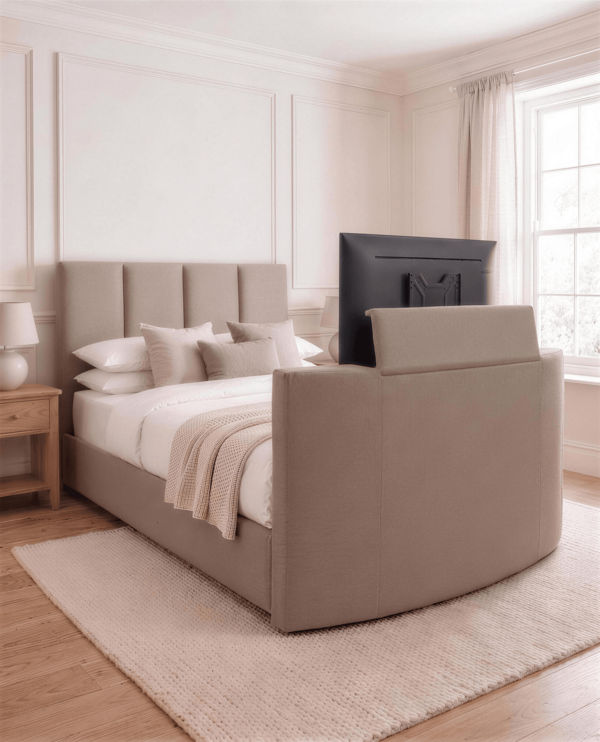Apollo TV Bed with TV raised – Custom Luxury Bed | Custom Bed Co