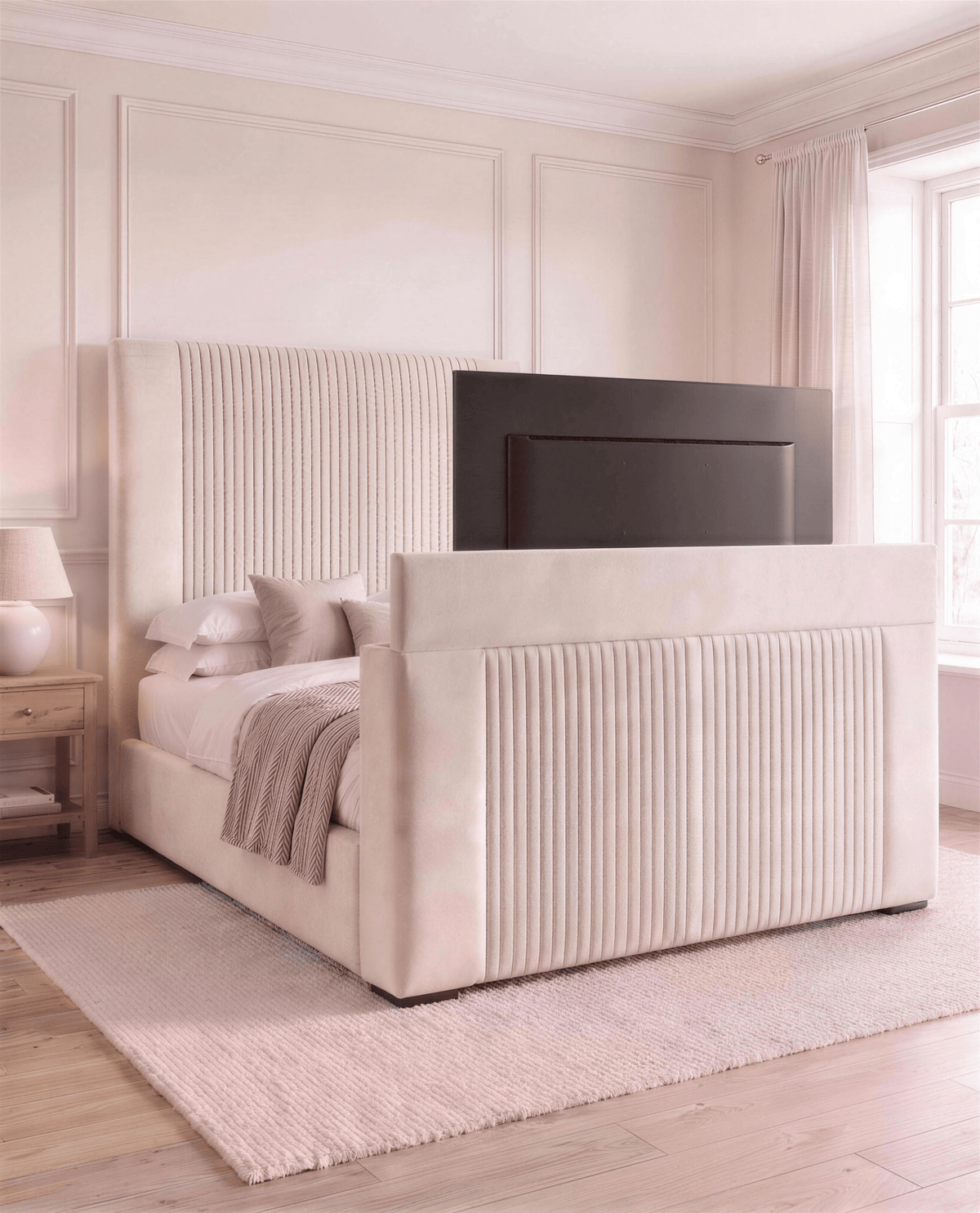 Chicago TV Bed with TV raised – Custom Luxury Bed | Custom Bed Co