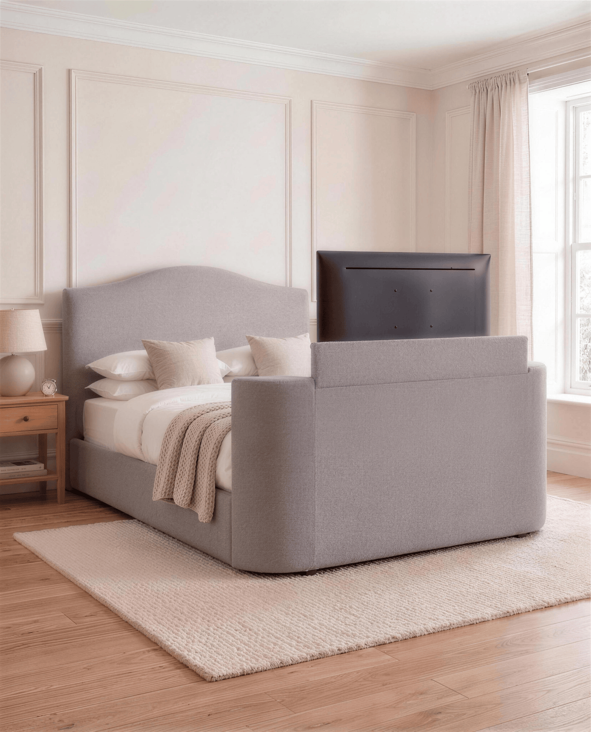 Dundee TV Bed with TV raised – Custom Luxury Bed | Custom Bed Co
